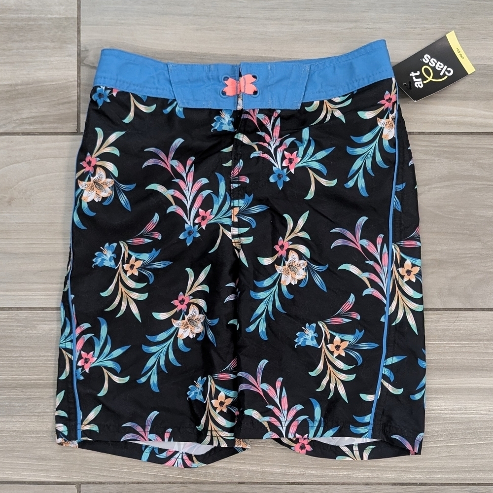 Art Class Floral Patterned Black and Blue Swim Trucks
